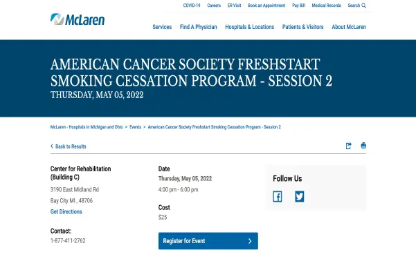 Screenshot of McLaren Michigan Freshstart Tobacco Cessation program